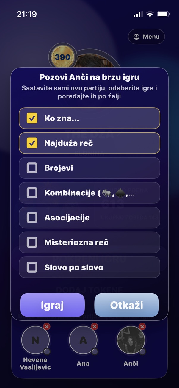 Popup za izbor brzih igara